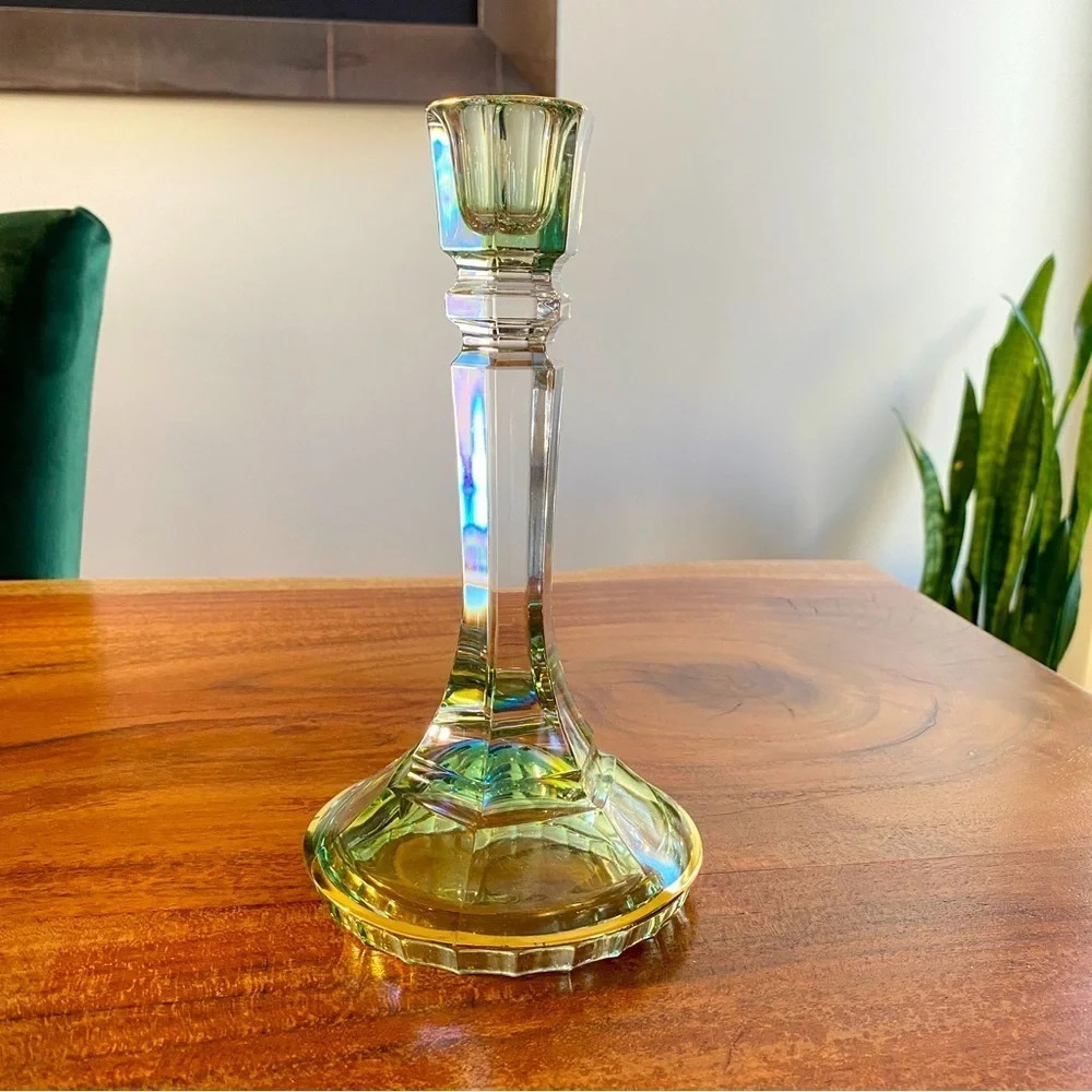 Vintage Italian Lead Crystal Candle Holder in Green and Gold 8.5in